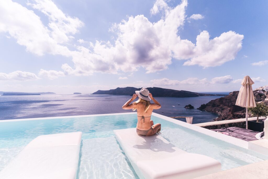 woman hotel pool greece mediterranea cruise and stay