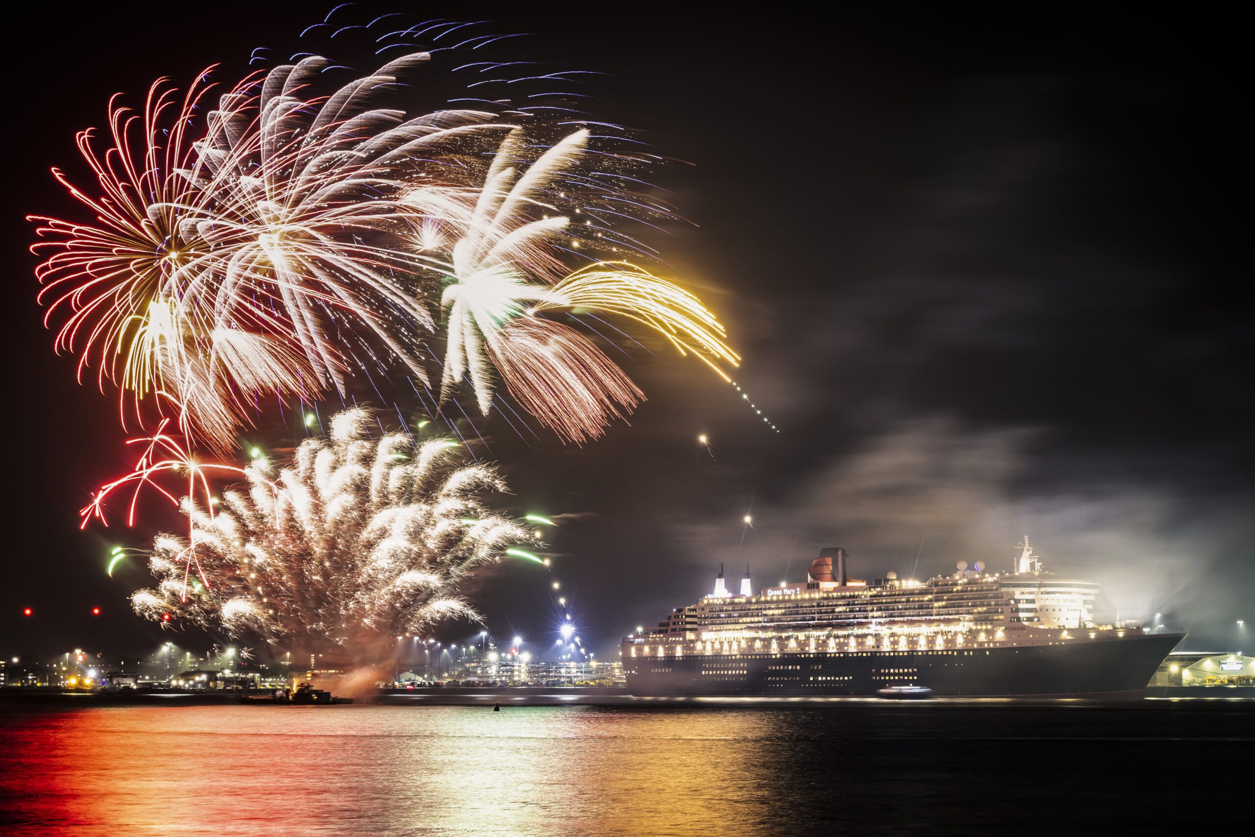 Cunard world voyage celebrations fireworks cruise news