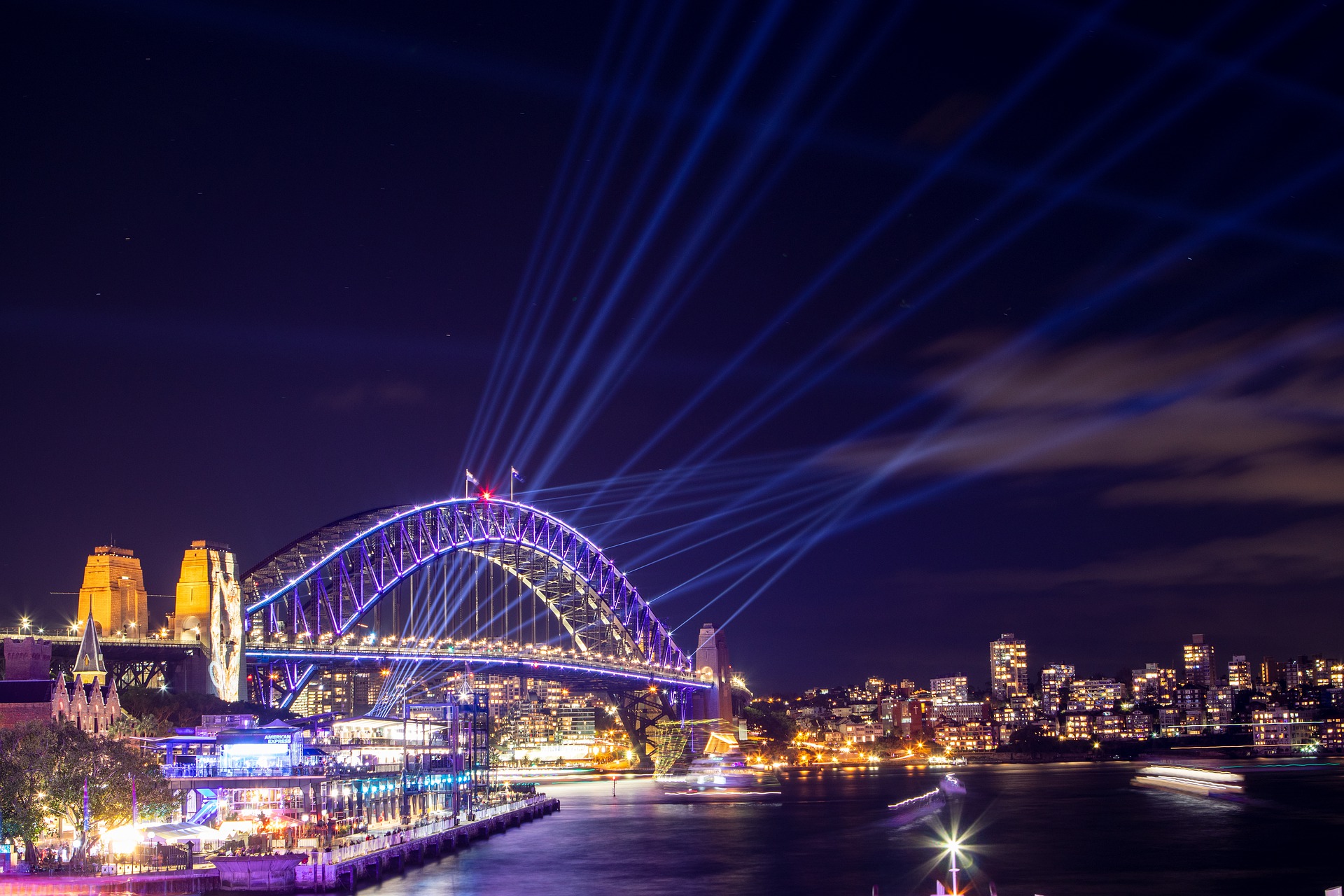 The lights of Vivid Sydney on Harbour Bridge