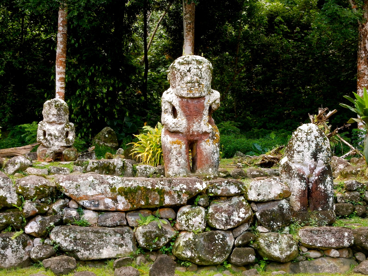 Tiki statues in Marquesas which protect the islanders from spirits of the dead